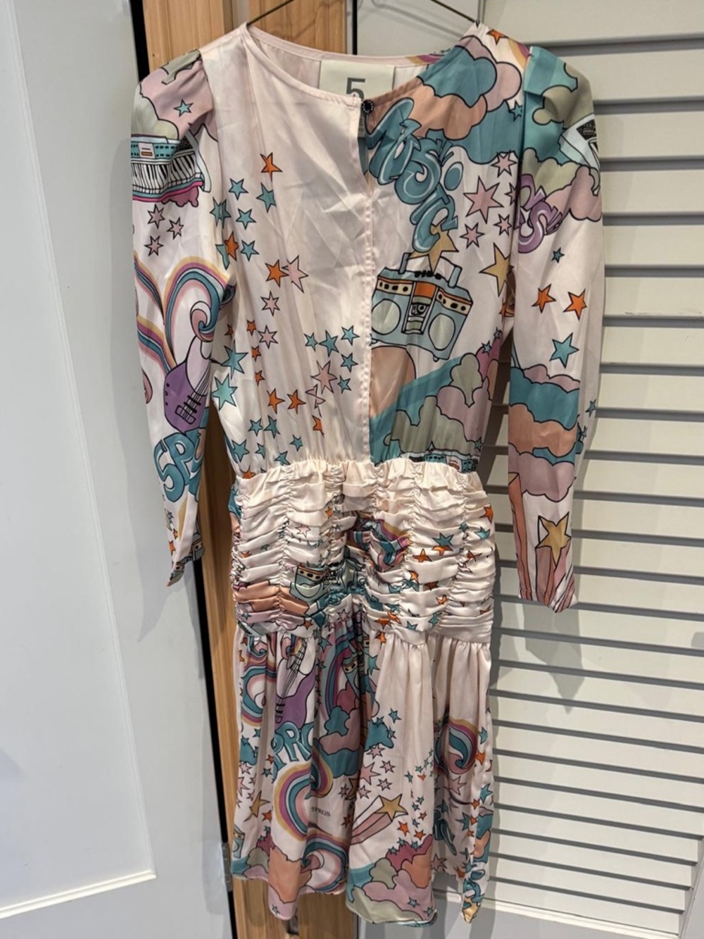 Whimsical Pastel Graphic Ruched Waist Dress